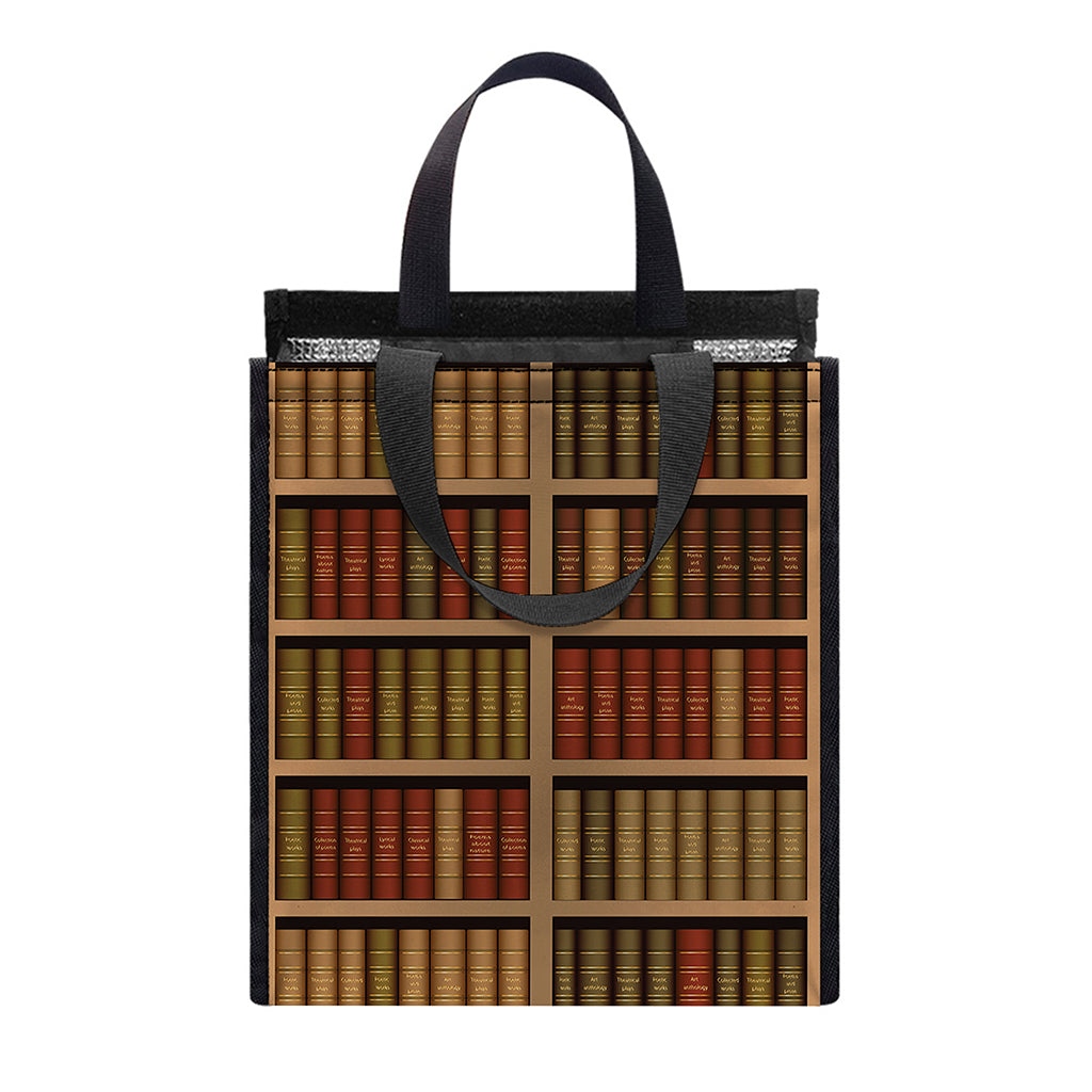 Vintage Bookshelf Pattern Print Insulated Lunch Tote
