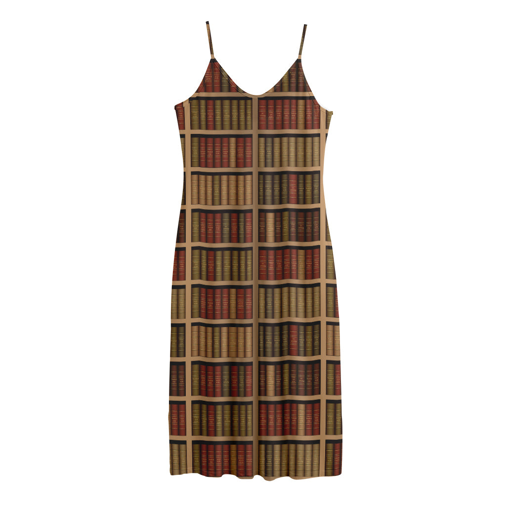 Vintage Bookshelf Pattern Print Jersey Midi Cami Dress