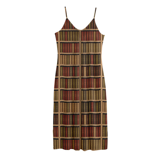 Vintage Bookshelf Pattern Print Jersey Midi Cami Dress