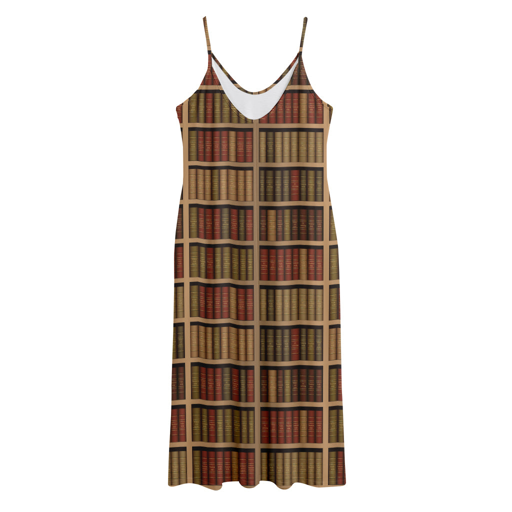 Vintage Bookshelf Pattern Print Jersey Midi Cami Dress