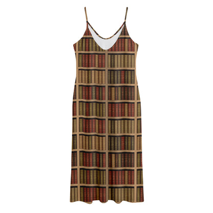 Vintage Bookshelf Pattern Print Jersey Midi Cami Dress