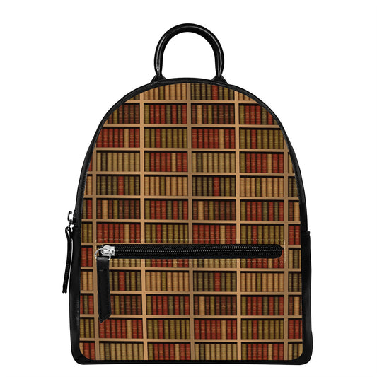 Vintage Bookshelf Pattern Print Leather Backpack
