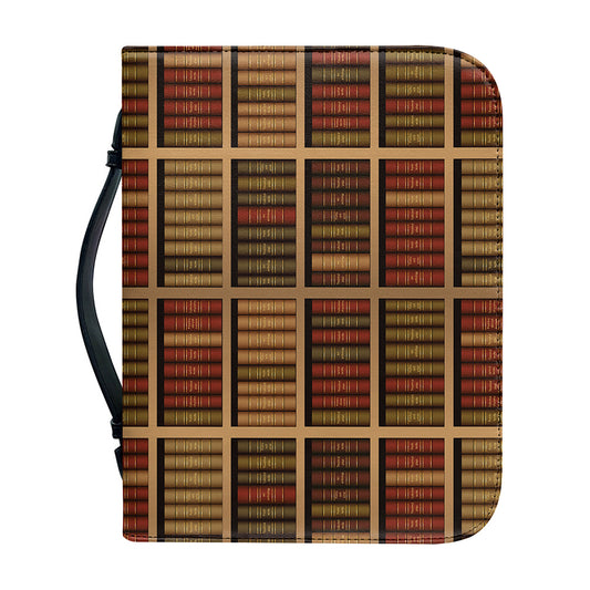 Vintage Bookshelf Pattern Print Leather Bible Cover