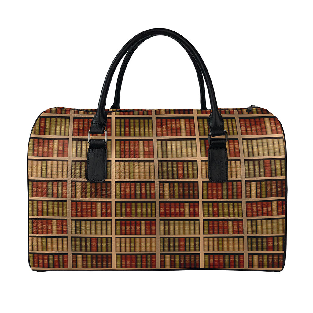 Vintage Bookshelf Pattern Print Leather Duffle Bag
