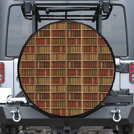 Vintage Bookshelf Pattern Print Leather Spare Tire Cover