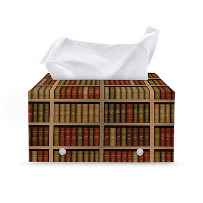 Vintage Bookshelf Pattern Print Leather Tissue Box Cover