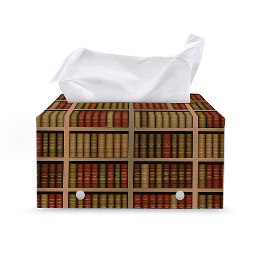 Vintage Bookshelf Pattern Print Leather Tissue Box Cover