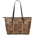 Vintage Bookshelf Pattern Print Leather Tote Bag With Zipper