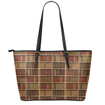 Vintage Bookshelf Pattern Print Leather Tote Bag