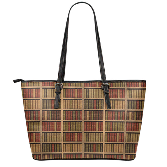 Vintage Bookshelf Pattern Print Leather Tote Bag