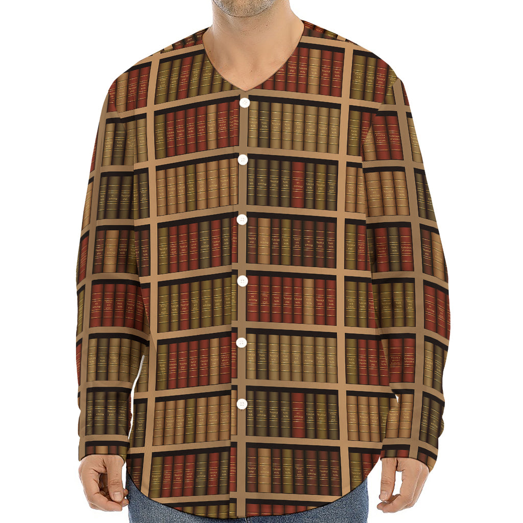 Vintage Bookshelf Pattern Print Long Sleeve Baseball Jersey