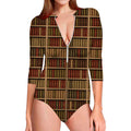 Vintage Bookshelf Pattern Print Long Sleeve Swimsuit