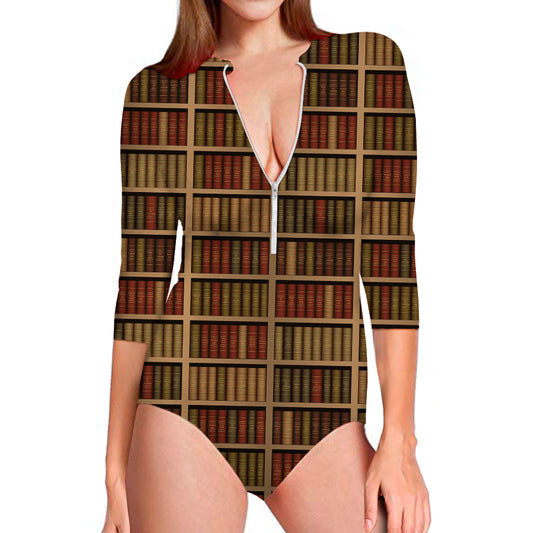Vintage Bookshelf Pattern Print Long Sleeve Swimsuit