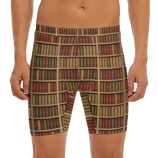 Vintage Bookshelf Pattern Print Men's Long Boxer Briefs