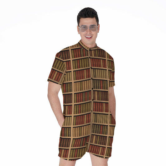 Vintage Bookshelf Pattern Print Men's Rompers