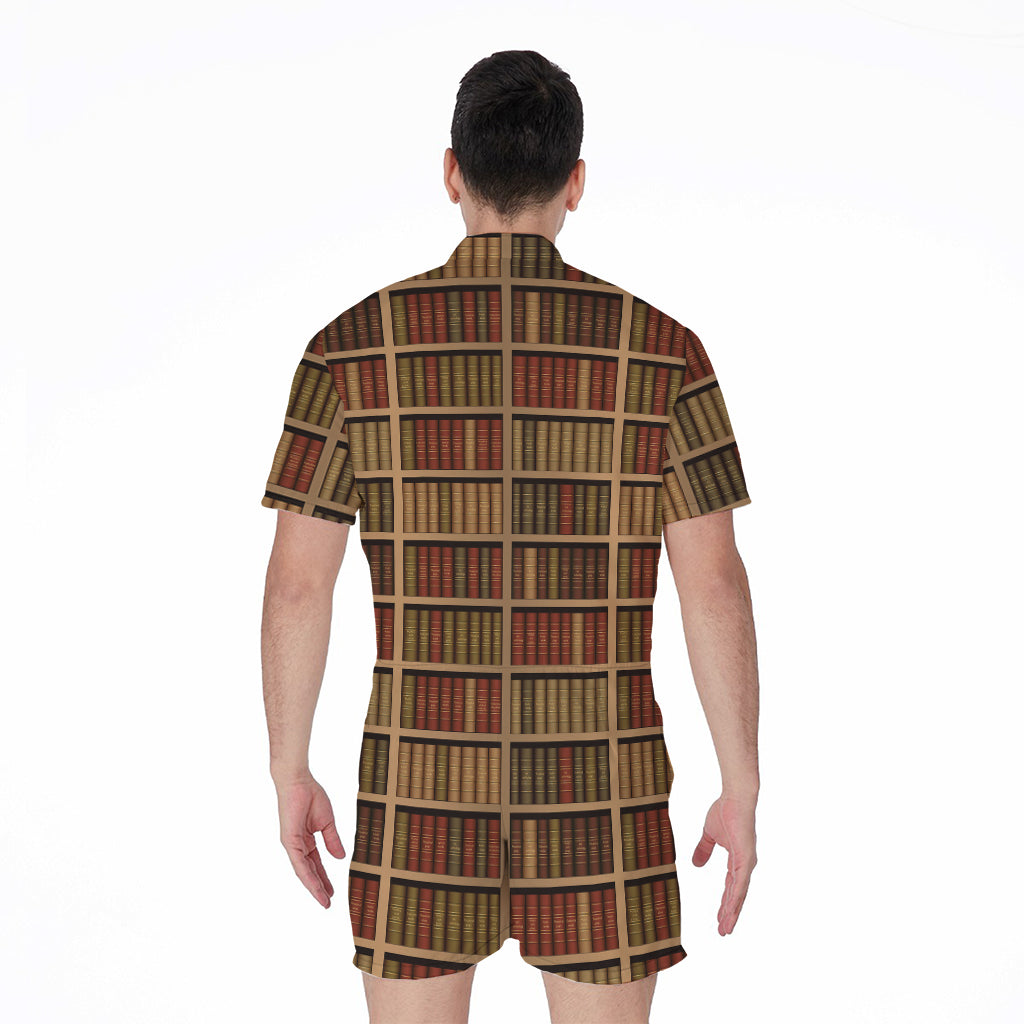Vintage Bookshelf Pattern Print Men's Rompers