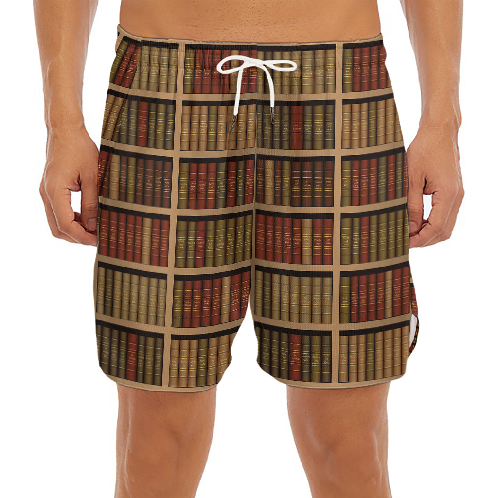 Vintage Bookshelf Pattern Print Men's Split Running Shorts