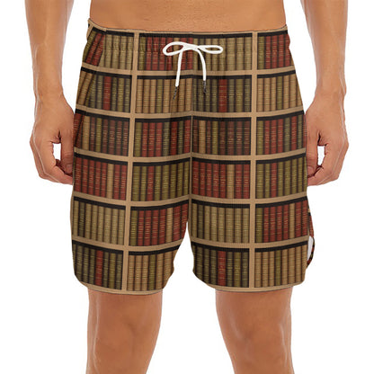 Vintage Bookshelf Pattern Print Men's Split Running Shorts