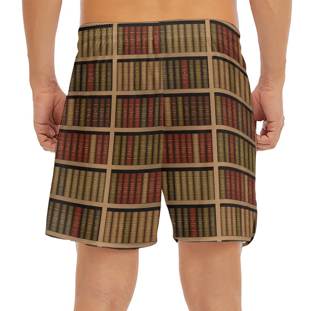 Vintage Bookshelf Pattern Print Men's Split Running Shorts