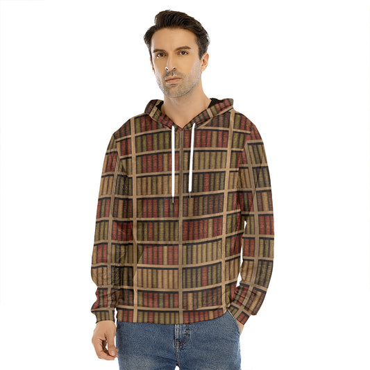Vintage Bookshelf Pattern Print Men's Velvet Pullover Hoodie