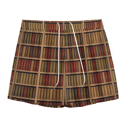 Vintage Bookshelf Pattern Print Mesh Shorts