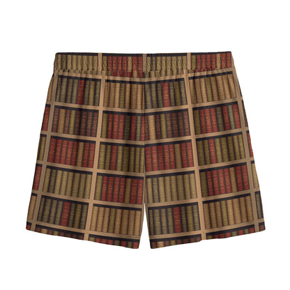 Vintage Bookshelf Pattern Print Mesh Shorts