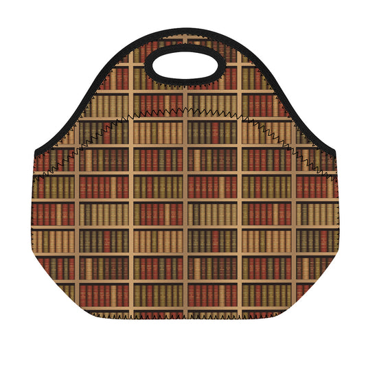 Vintage Bookshelf Pattern Print Neoprene Lunch Bag