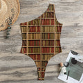 Vintage Bookshelf Pattern Print One Shoulder Bodysuit