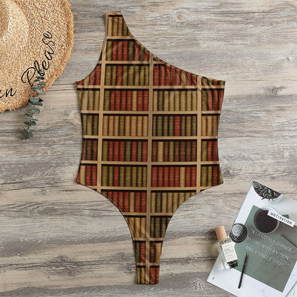 Vintage Bookshelf Pattern Print One Shoulder Bodysuit