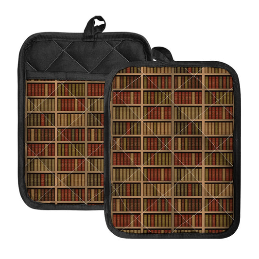 Vintage Bookshelf Pattern Print Pot Holders With Pocket