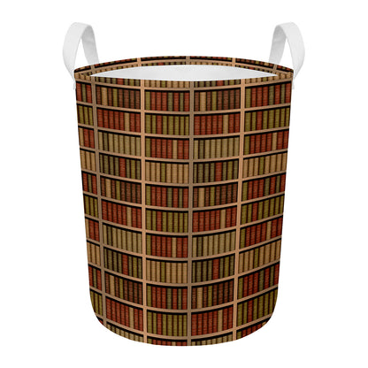 Vintage Bookshelf Pattern Print Round Laundry Basket