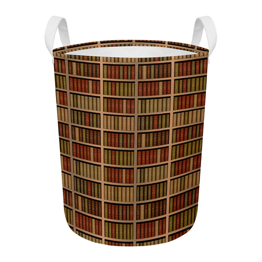 Vintage Bookshelf Pattern Print Round Laundry Basket
