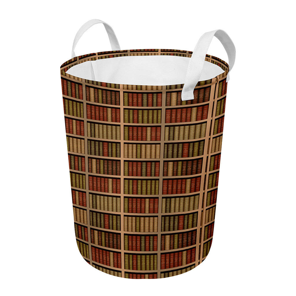 Vintage Bookshelf Pattern Print Round Laundry Basket