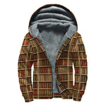 Vintage Bookshelf Pattern Print Sherpa Lined Zip Up Hoodie