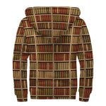Vintage Bookshelf Pattern Print Sherpa Lined Zip Up Hoodie