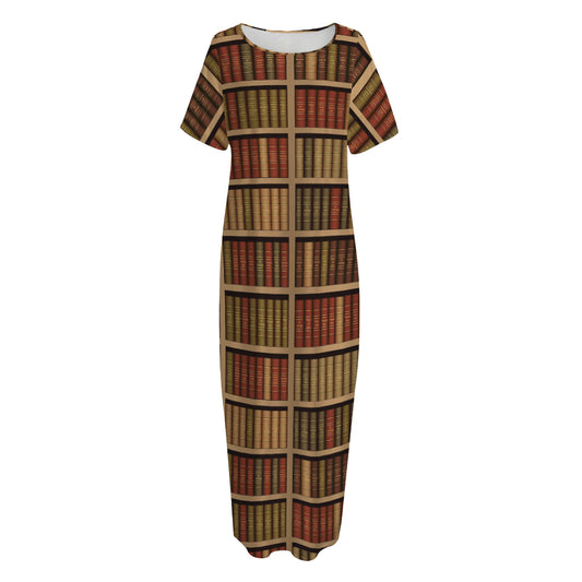 Vintage Bookshelf Pattern Print Short Sleeve Long Nightdress