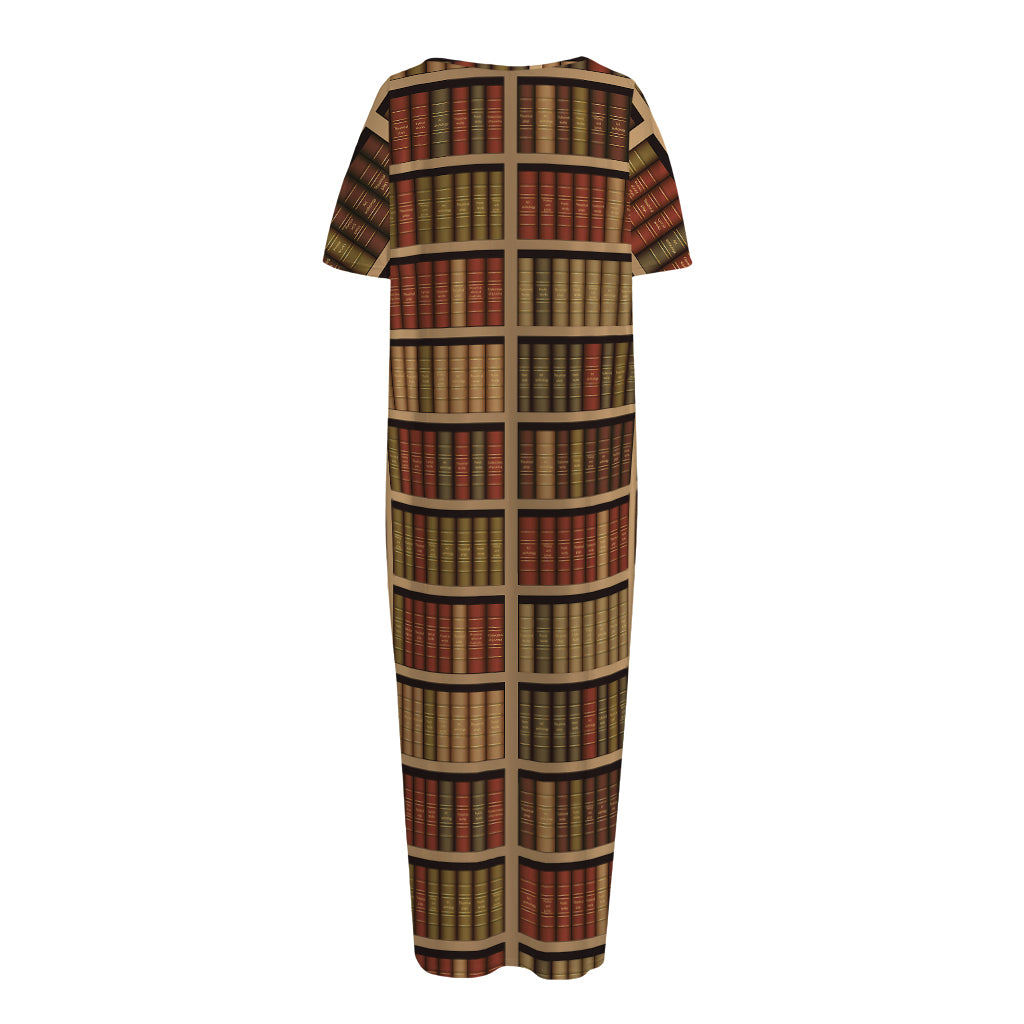 Vintage Bookshelf Pattern Print Short Sleeve Long Nightdress