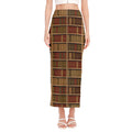 Vintage Bookshelf Pattern Print Side Slit Maxi Skirt