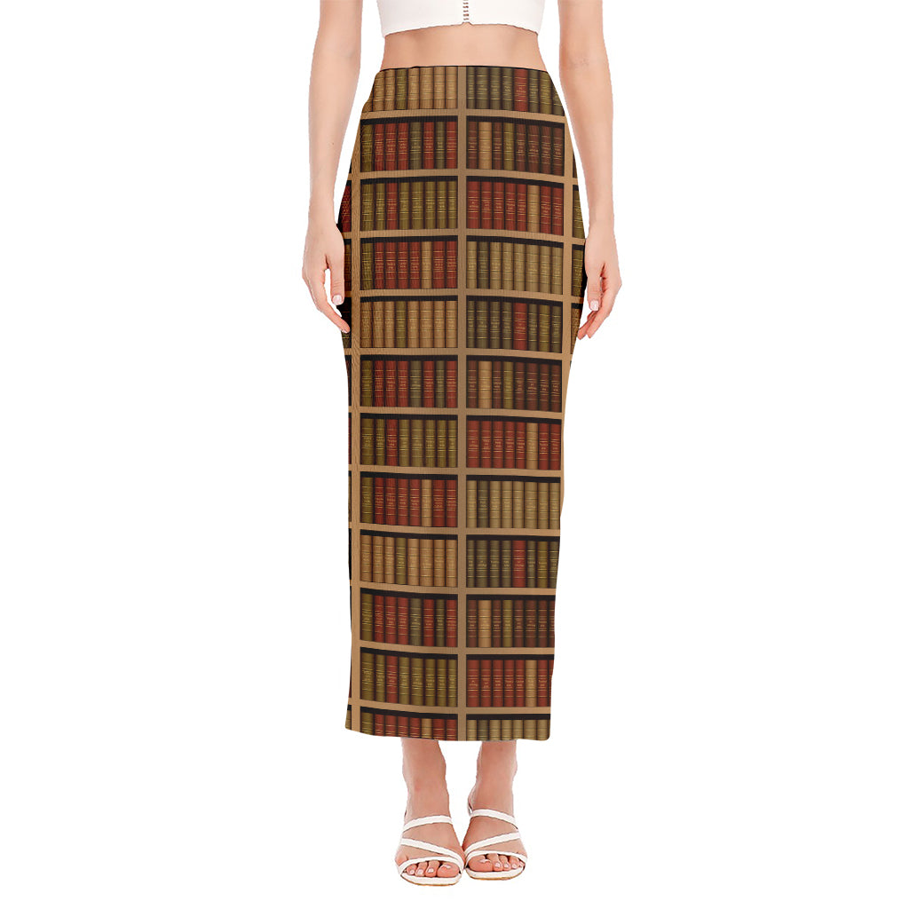 Vintage Bookshelf Pattern Print Side Slit Maxi Skirt