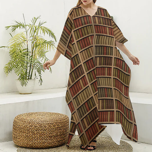 Vintage Bookshelf Pattern Print Silk V-Neck Kaftan Dress