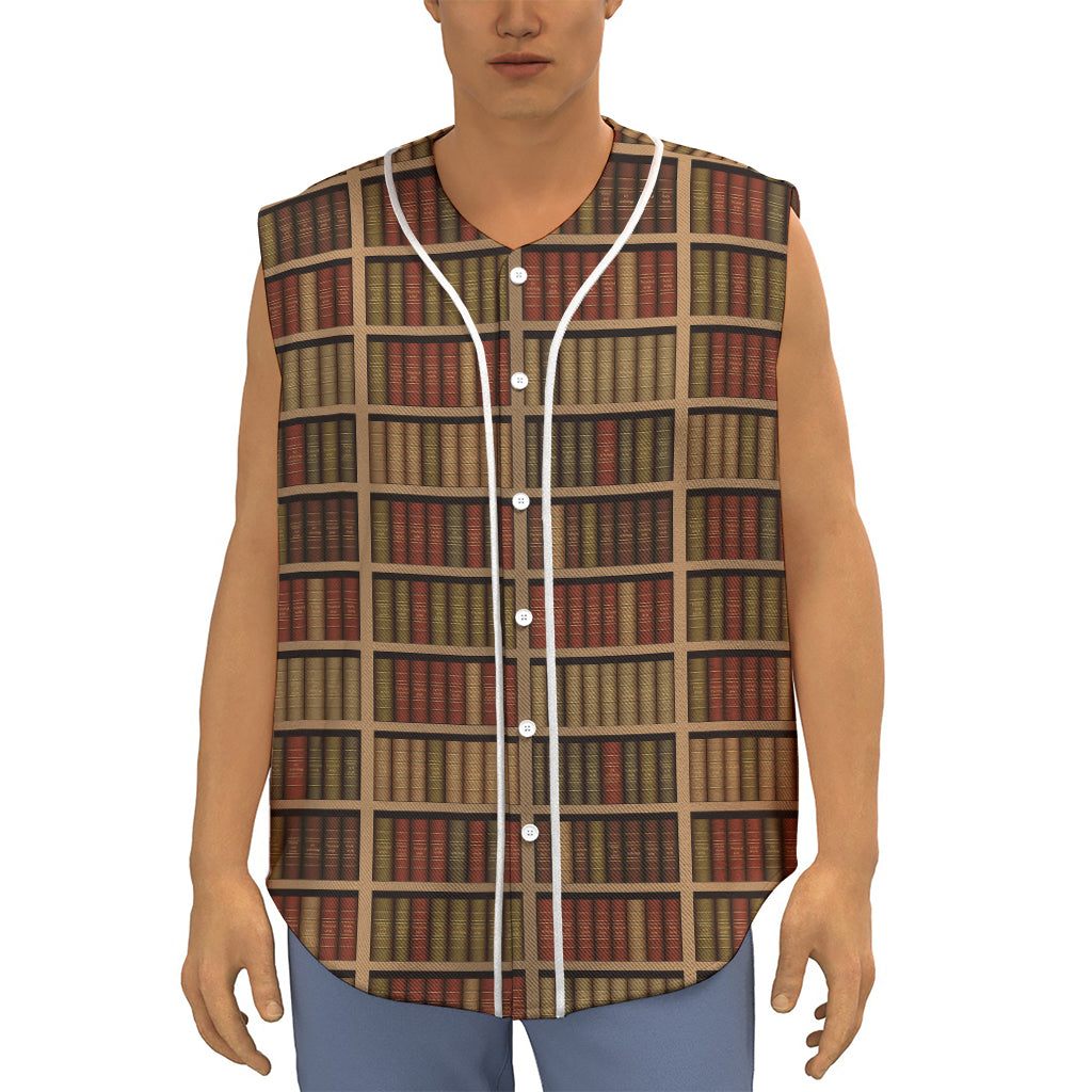 Vintage Bookshelf Pattern Print Sleeveless Baseball Jersey