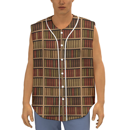Vintage Bookshelf Pattern Print Sleeveless Baseball Jersey