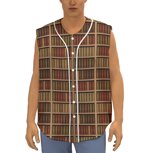 Vintage Bookshelf Pattern Print Sleeveless Baseball Jersey