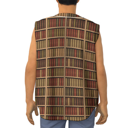 Vintage Bookshelf Pattern Print Sleeveless Baseball Jersey
