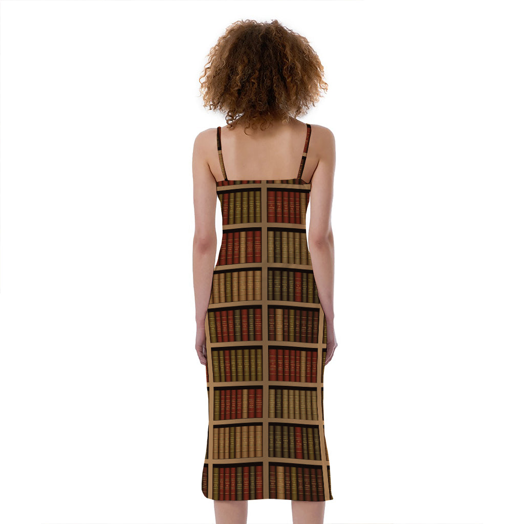 Vintage Bookshelf Pattern Print Slim Fit Midi Cami Dress