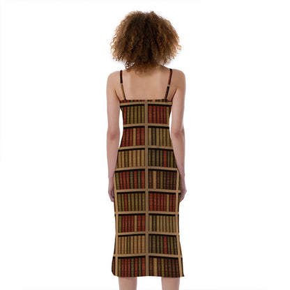 Vintage Bookshelf Pattern Print Slim Fit Midi Cami Dress