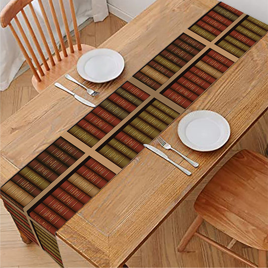 Vintage Bookshelf Pattern Print Table Runner