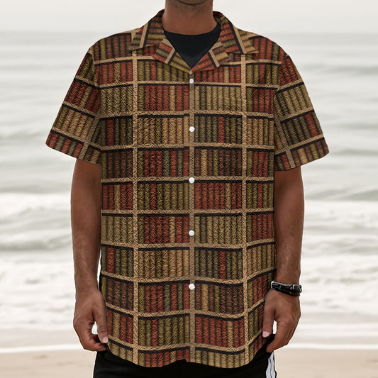 Vintage Bookshelf Pattern Print Textured Short Sleeve Shirt