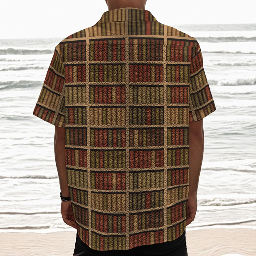 Vintage Bookshelf Pattern Print Textured Short Sleeve Shirt