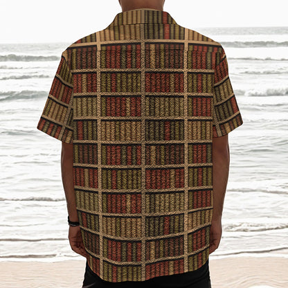 Vintage Bookshelf Pattern Print Textured Short Sleeve Shirt